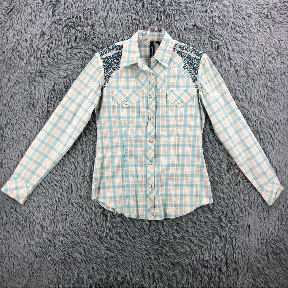 RU Cowgirl Shirt Womens Medium Pearl Snap Embroidered Ling Sleeve Western Plaid